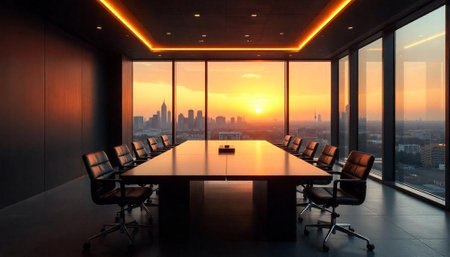 Modern Conference Room Overlooking a City at Sunsetの写真素材
