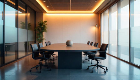 Modern conference room interior with large table and chairs