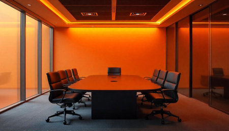 Orange toned modern conference room with sleek black furnitureの写真素材