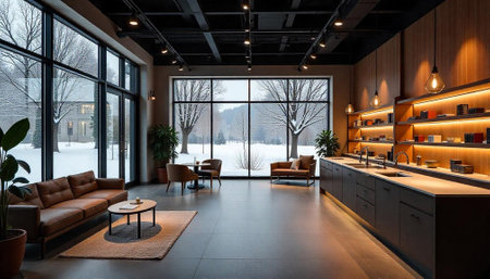 Interior of living room with a snowy winter landscapeの写真素材