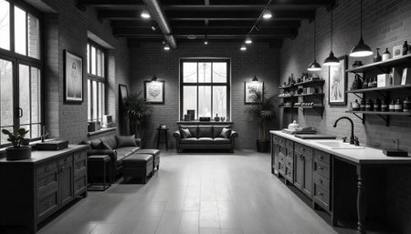 Modern living room with kitchen features in monochromatic paletteの写真素材