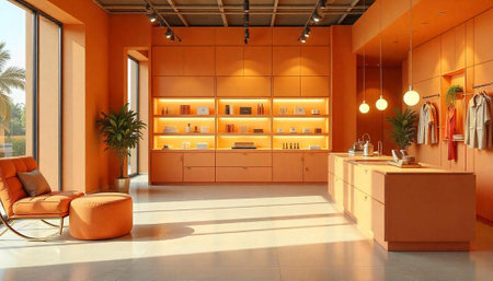 Modern retail space featuring a calming orange monochrome palette