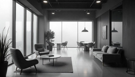 Modern office interior with grayscale color palette and sunlight
