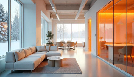 Bright modern office interior with warm light and minimalist design