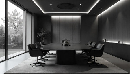Sleek minimalist conference room interior in grayscale tonesの写真素材