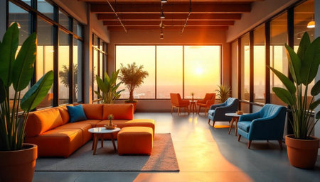 Sunset lounge with panoramic city views and modern furnitureの写真素材