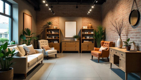 Modern living room interior with brick wall and furnitureの写真素材