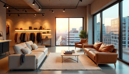 Luxury modern living room interior with sunset city view