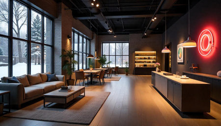 Modern interior design with winter landscape visible through windows