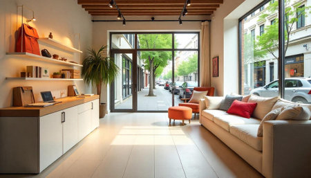 Bright interior retail space with natural light and view