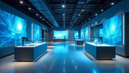 Modern blue showroom with displays and digital art panelsの写真素材