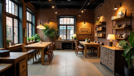 Rustic interior with brick walls and wooden furniture arrangement