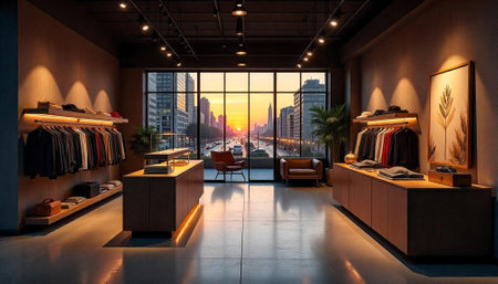 Contemporary clothing store interior with city sunset backgroundの写真素材