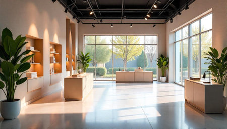 Modern showroom interior with large windows and potted plantsの写真素材