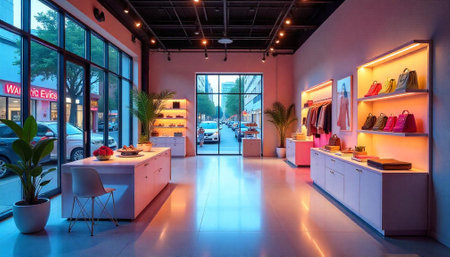 Modern clothing store interior with merchandise displays and open spaceの写真素材