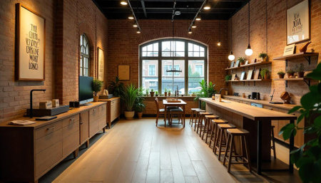 Spacious interior with exposed brick walls and wooden furniture
