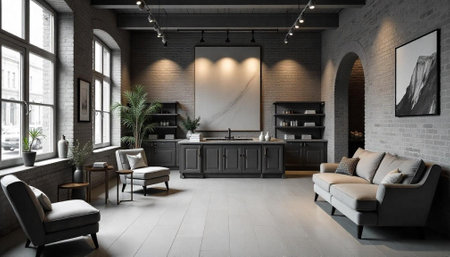 Modern grey loft apartment with kitchen and lounge area