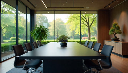 Modern conference room with view of greenery outside window