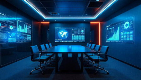 Modern high tech meeting room with digital interface displaysの写真素材