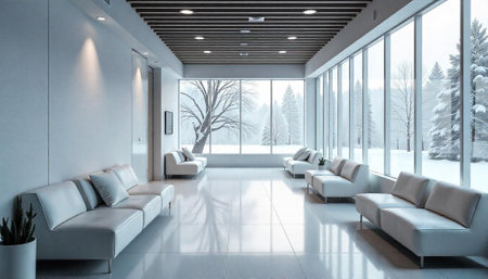 Modern waiting area with winter landscape view through windows