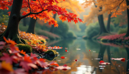 Autumn leaves reflecting on a peaceful forest stream sceneの写真素材