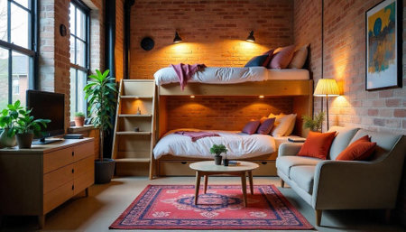 Cozy loft apartment with exposed brick and bunk beds
