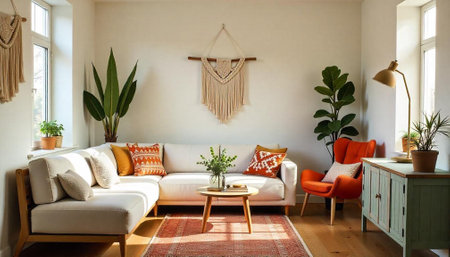 Stylish living room interior with neutral tones and plantsの写真素材