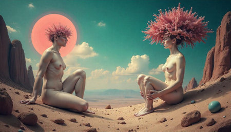 Nude figures in desert landscape with pink floral headdress