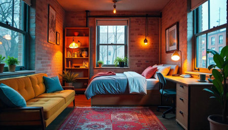 Cozy Urban Apartment Interior with Brick Walls and Warm Lightingの写真素材