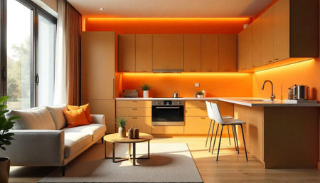 Stylish living room and kitchen interior with warm colorsの写真素材