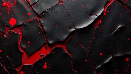 Cracked black surface with bright red veins and splatter