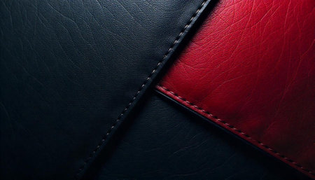 Red and black stitched leather, close up abstract backgroundの写真素材