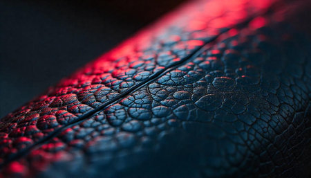 Abstract macro view of textured leather with red lighting