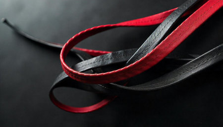 Intertwined leather straps of contrasting colors on dark background