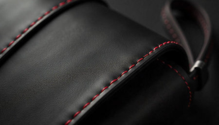 Elegant black leather with red stitching and soft shadows