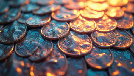 Abstract shimmering copper scales background with bright gold light