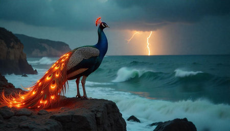 Luminous peacock on rocky coast during thunderstorm weatherの写真素材