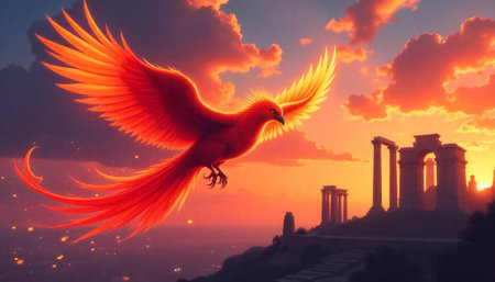Phoenix soars above ancient ruins at golden sunset hour