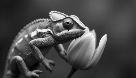 Monochrome chameleon perched on a flower, macro detail shotの写真素材