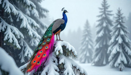 Peacock perched on snowy branch in a winter wonderlandの写真素材