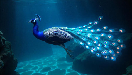 Underwater peacock surrealistic dreamlike art with fantastical elements