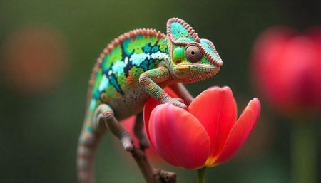 Vibrant chameleon perched gracefully upon a blossoming tulip flowerの写真素材
