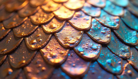 Abstract shimmering scales texture with metallic golden and blue colorsの写真素材