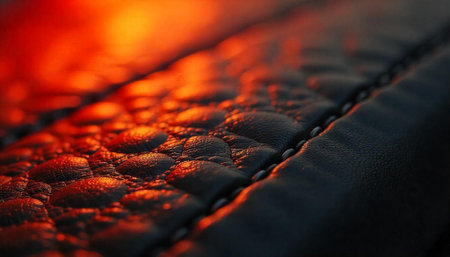 Close-up of textured leather with stitching and orange lightingの写真素材