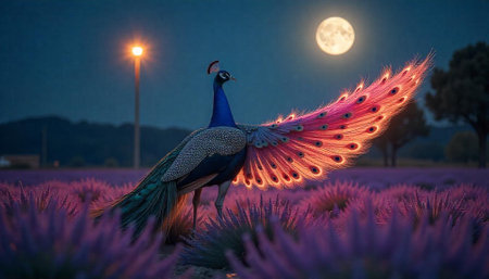 Peacock in lavender field under moon and street lightの写真素材