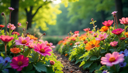Pathway of vibrant flowers in a sun-drenched gardenの写真素材