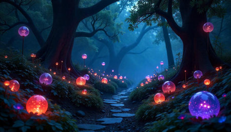 Enchanted forest path with glowing orbs at night