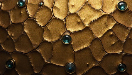 Textured gold surface with inlaid emerald jewels pattern backdrop