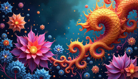 Vibrant fantasy flowers and spiral structure on dark background