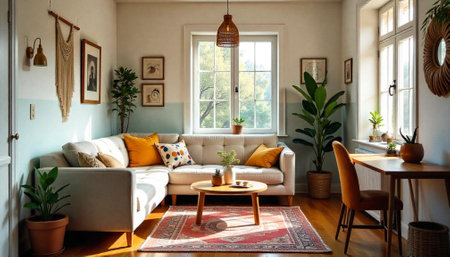 Sunlit bohemian living room featuring plants, furniture, and decorの写真素材